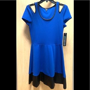 Bright Blue Leather Decor Dres.Size M. New never worn tags were removed